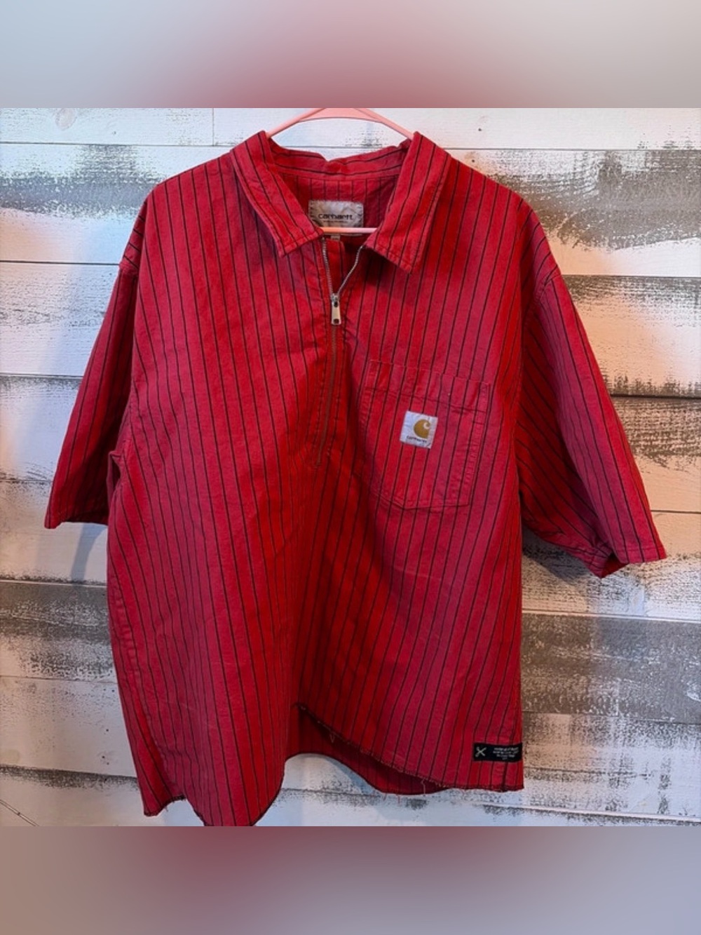 Vintage Carhartt Red Pinstripe Half-Zip Work Shirt